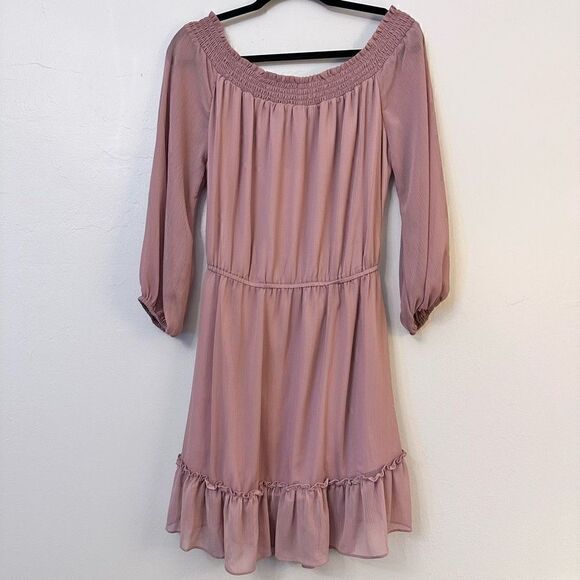 Simplee Long-Sleeve Off The Shoulder Ruffle Chiffon Mini Dress Pink Large NWT - Picture 2 of 3